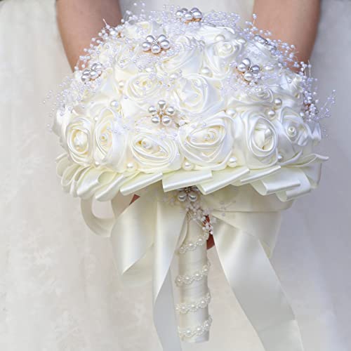Ivory Bridal Wedding Bouquet Handmade with Rhinestone Pearl Ribbon Satin Rose Flower Bouquet for Bride Bridesmaid Quinceanera Bouquet Wedding Ivory 8.7in - color: Ivory (Standard Size: Dia.8.7")