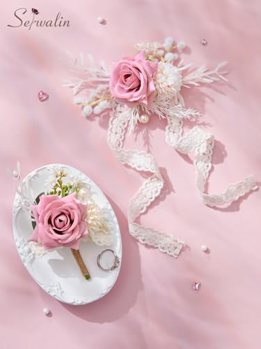Serwalin Pink Corsage and Boutonniere Set, Boutonniere for Men and Wrist Corsage Wristlet Prom Homecoming Wedding Flowers Accessories Party Suit Decorations - color: Pink, size: 1 Boutonniere & 1 Wrist Corsage - 2pcs