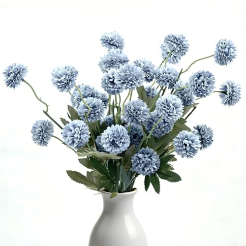 8pcs Blue Fake Flowers Silk Pompon Mum Artificial Flowers,Mini Artificial Chrysanthemums with Stems,Faux Flowers For Vase,for Wedding Centerpieces, flower arrangements, vase fillers, and home decor - color: Blue