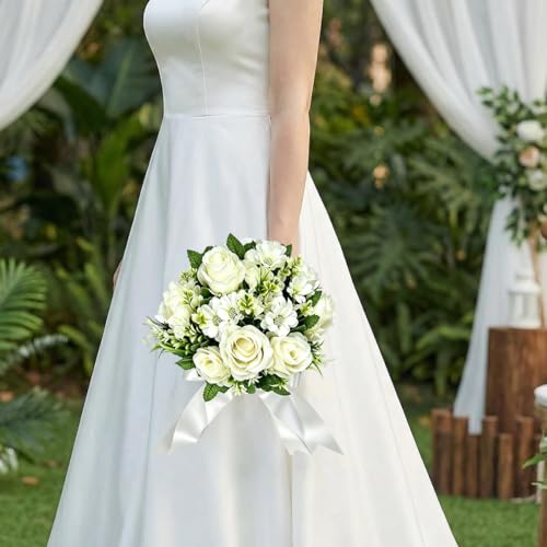CYANLUX Wedding Bouquets for Bride Bridesmaid Bouquet Champagne White Artificial Roses Flowers for Wedding Valentine's Day Church Home Decoration (White)… - color: White