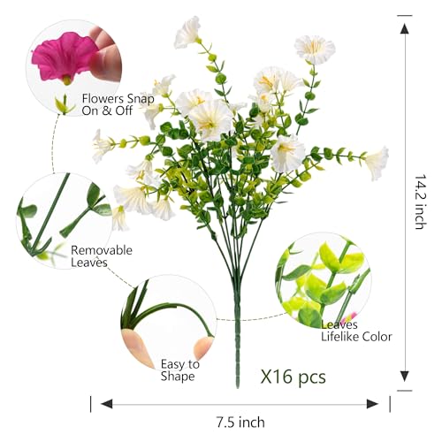 Artificial Fake Flowers For Outdoor Outside Decoration,16 Bundles UV Resistant Faux Plastic White Flowers with Green Eucalyptus Stem Plants Bulk Look Real for Home Porch yard Patio Planters (White) - color: White