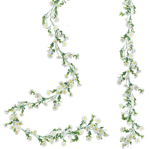 2 Pack White Flower Garland Artificial Daisy Silk Wildflower Hanging Flowers Fake Floral Vines Garland for Table Decoration Backdrop Wall Home Party Wedding Indoor Outdoor DIY Cemetery Decor - color: White, size: 2pcs