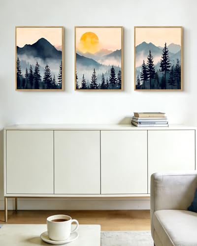 PHOPAGO Blue Fog Pine Tree Mountain Landscape Framed Wall Art Retro Watercolor Nature Misty Forest Artwork Paints Sun Rise Rustic Farmhouse Home Decor - 12x16in Natural Framed - color: Blue Mountain, size: 16L" x 12W" x 3 Pcs Natural