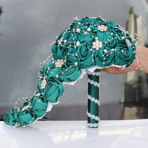 Handmade Satin Rose Water Drop Bridal Bouquet,8.7inch Crystal Wedding Round Tossing Bouquet,Jewelry Proposal Bridesmaid Bouquet Groom Corsage Bride Wrist Flower Ivory (DarkGreen) - color: Darkgreen