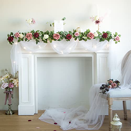 PONATIA 5FT Burgundy Artificial Flowers Garland, Dusty Rose Flowers Garland for Wedding Ceremony Garlands Backdrop Arch Flowers, Table Christmas Decorations (Burgundy & Ivory) - color: Burgundy & Ivory & Dusty Rose