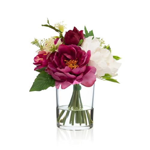 WELL KNOWN Artificial Flowers in Glass Vase with Fake Water, Silk Peony Flower Bouquet for Home Dinning Tea Table, Office Desktop, Hotel, Wedding, Party, Lavatory Decor & Gift (Fuchsia & White) - color: Fuchsia & White