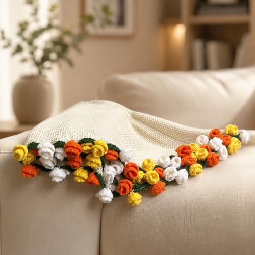 Crochet Flower Bouquet Throw Blanket, Cute Romantic Gift for Her Girlfriend Mom Mother’s Day Valentine Wedding Anniversary Birthday (Yellow, 40 inches) - color: Yellow, size: 40 inches