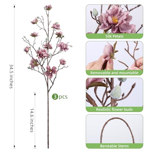 HyeFlora 3PCS Artificial Magnolia Flowers Stems for Spring Decoration, Faux Purple Magnolia Branches with Buds, 34.5" Long Stems Floral Arrangement for Vase Pot Table Centerpiece Indoor Decor - color: Purple