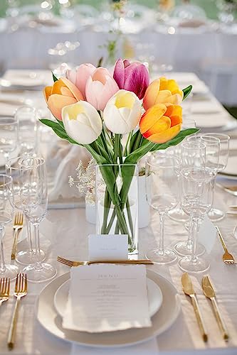 Briful Fake Flowers Artificial Tulip Flower in Clear Vase, Multi Color Real Touch Foam Tulip Arrangement Suitable for Home Office Decoration, Dining Table Centerpiece - color: Multi-colors