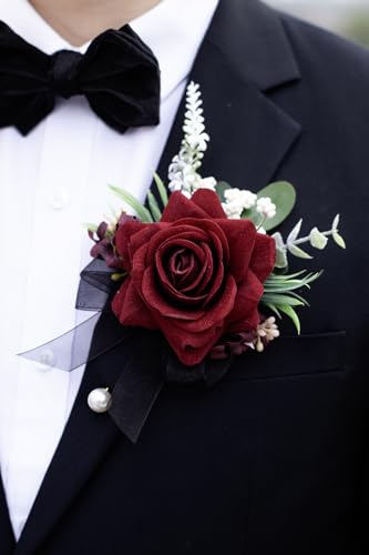 Burgundy & Black Corsage and Boutonniere Set, Corsage Wristlet for Women and Boutonniere for Wedding Prom Homecoming, Artificial Rose Flowers Boutonniere and Wrist Corsage - color: Burgundy & Black