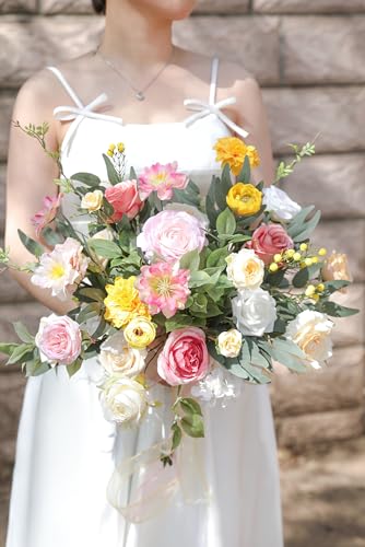 Artificial Flower Assortment for DIY Centerpiece Arrangement Wedding Hand Bouquet Flower Bouquet Centerpiece Arrangement Party Baby Shower Home Decoration (Pink Yellow) - color: Pink Yellow