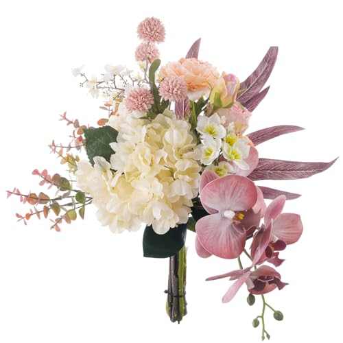 17-inch Artificial Fake Flowers Silk Flower Arrangements Faux Bouquets Composed of Hydrangea, phalaenopsis, Lotus, Double-Headed Roses, Dandelions, Jasmine, Small Fennel Branches. - color: Pink Orchid Dream