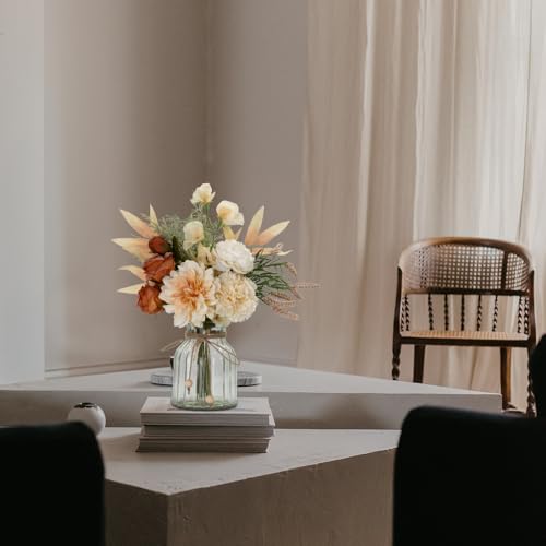 LESING Dahlia Flower Aritificial Flower with Vase Fake Silk Flowers in Glass Vase Faux Rose Flowers Arrangement for Home Office Table Centerpiece Decoration (Champagne) - color: Champagne