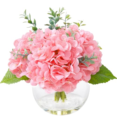 Pink Hydrangea Artificial Flowers with Eucalyptus in Vase Fake Flowers Coffee Table Decor Real Touch Flowers with Faux Water for Home Decor - color: A-pink