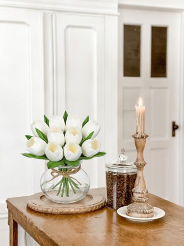 DILATATA Tulips Artificial Flowers in Vase White Fake Flowers Centerpiece with Glass Vase with Faux Water Faux Tulip Bouquet Floral Arrangement for Table Home Office Decor Wedding Thanksgiving - color: Round Vase**/White/1 Set