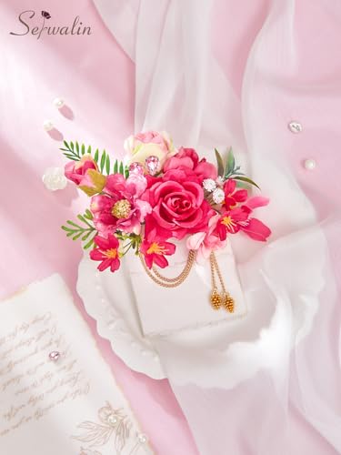 Serwalin 2Pcs Corsage and Boutonniere Set,Hot Pink Rose Corsage Wristlet and Pocket Boutonniere for Prom Wedding Homecoming Anniversary Graduation - color: Hot Pink
