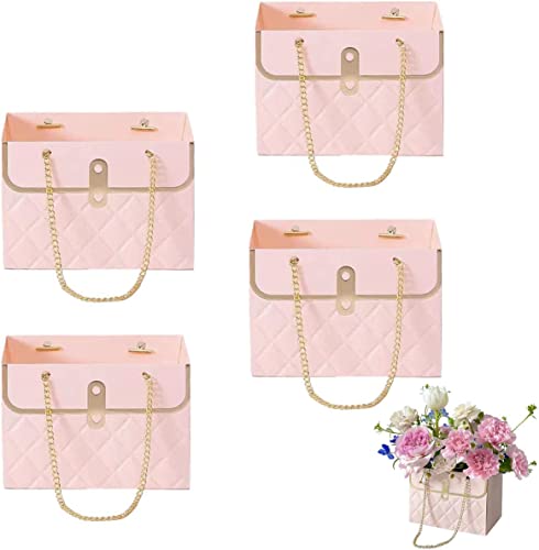 NADUSEP 4 PCS Flower Paper Gift Bag, 2023 New Bouquet Storage Bucket with Metal Chain, Florist Handbag Gift Case for Graduation Wedding Party Birthday Valentine's Mother's Day, Gift Craft Wrap Bags for Bridal Shower, Anniversary, Thanksgiving, Christmas -
