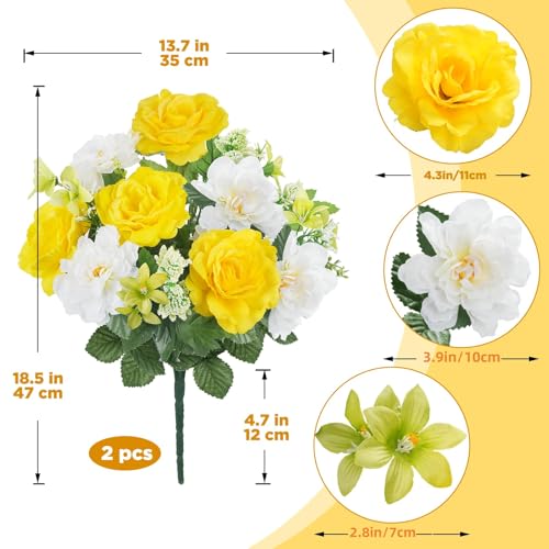 Spring Cemetery Flowers for Grave 2 Bundles Yellow White Rose Lily Bouquets 18.5" Fake Silk Flower Arrangements for Outdoors Summer Home Kitchen Wedding Table Centerpieces Decor - color: Yellow White-2pcs