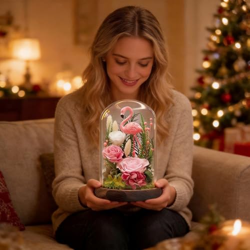 Eternal Flowers with Flamingo-Big Flower Big Love- Graduation Flowers Gifts for Daughter Wife Mom-Forever Flower in Glass Dome-Flowers for Delivery Prime on Anniversary Valentines Birthday (Pink) - color: Pink