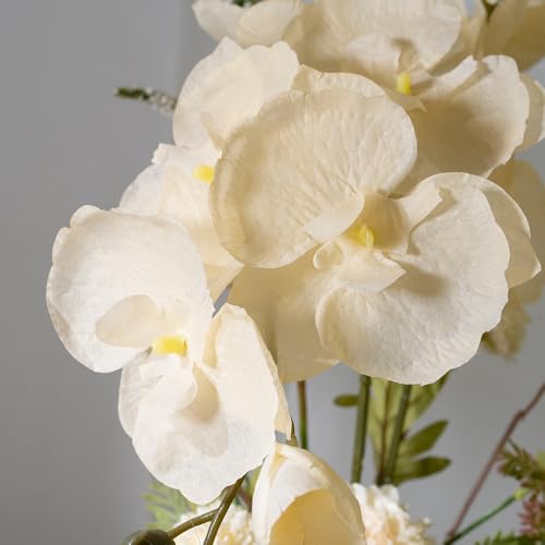 LESING Fake Orchids Flowers Arrangement in Pot,Faux Silk Orchid Artificial Flower Plant with Ceramic Vase for Table Home Decor (Silver Vase,White) - color: Silver Vase,white