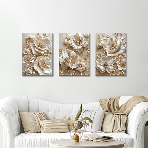 3 Pcs Modern Beige Gold Peony Floral Canvas Wall Art, Neutral Elegant 3d Beige Flowers Wall Painting White Blooming Floral Pictures Posters Art Print Home Decor for Bedroom Living Room Office 20"x28"x3 - color: Flower-gold peony, size: 20"x28"x3Pcs