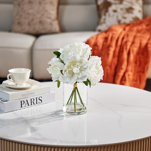 VeriNatural Artificial White Peony Flowers with Vase – 10.6" Fake Silk Floral Arrangements in Glass Vase with Faux Water for Home Decor, Bathroom Shelf, Centerpiece, Wedding, Gift - color: White