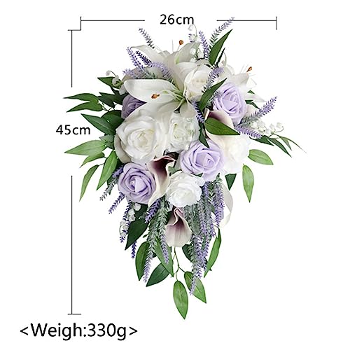 Wedding Bouquet for Bride, White Calla Lily Purple Rose Water Drop Waterfall Romantic Wedding Bouquets Flowers Cascading Bridal Bouquets for Wedding Ceremony and Anniversary Party Home Decor, C - color: Calla Lily Bouquet C