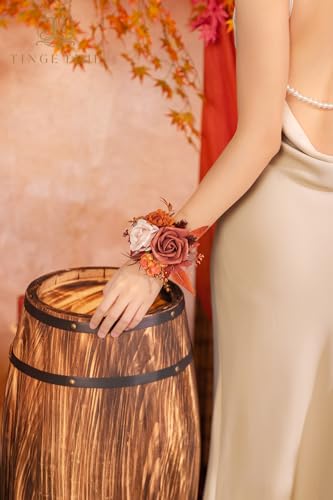 TINGE TIME Set of 2 Wrist Corsage Bracelets Pearl Wristlet Band Bridesmaid Bracelet for Wedding Ceremony Bridal Shower Wedding Artificial Flower Prom (Maple Red) - color: Maple Red