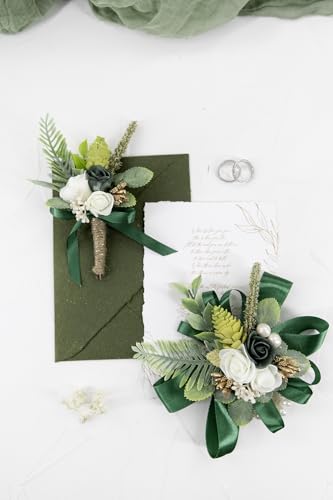 Dark Green Ivory Corsage and Boutonniere Set Wrist Corsage Wristlet for Prom Groom Flower Boutonniere for Men Wedding Party Homecoming Accessories Suit - color: Dark Green