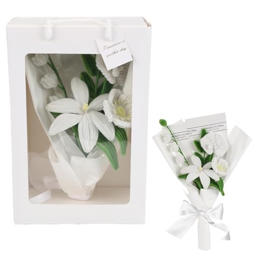 Handmade Artificial Lily Bouquet Twist Stick Combination Flower Bouquet Kit for Women Wife Lover Friends Anniversary Birthday Valentine's Day Mother's Day Graduation Gifts (White)