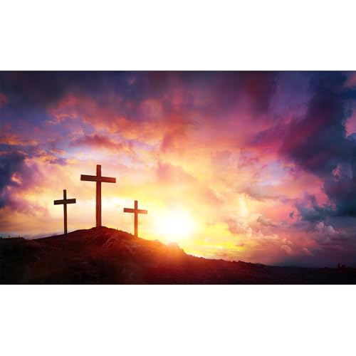 Jesus Christ Backdrop Crucifixion of Jesus Christ at Sunrise Sunset Photography Background Three Crosses Backdrops Sepulcher Lord Pray Background Christmas Easter Crucifixion Belief Props 5x3ft - color: Black_Red, size: 5x3ft