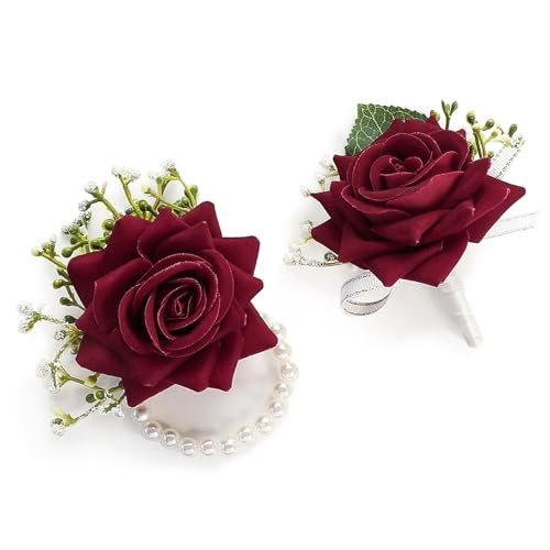 Floroom Burgundy Rose Wrist Corsage Wristlet Band Bracelet and Men Boutonniere Set for Red Wedding Flower Accessories Prom Suit Decorations - color: Burgundy
