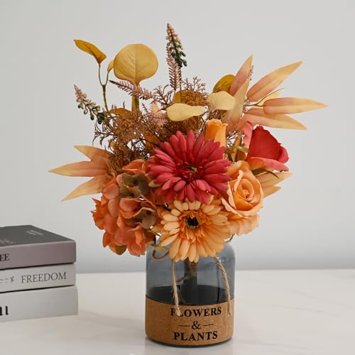 LADADA Vintage Burnt Orange Artificial Flowers with Glass Vase for Fall Home Decor - color: Yellow