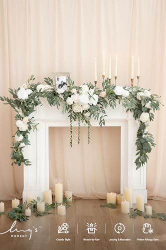 Ling's moment 9FT Spring Flower Garland for Backdrop Decorations - Wedding Arch Flowers, Eucalyptus & Rose, Artificial Floral Garland for Mantel - Sweetheart Table Decor for Reception, White & Sage - color: Wht-sage Green