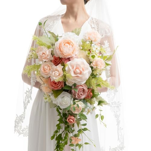 Ling's moment Pink Bride Bouquet - 15 Inch Wedding Blush Garden Artificial Flowers for Bride - color: Pk-blush Garden, size: Medium 15 Inch