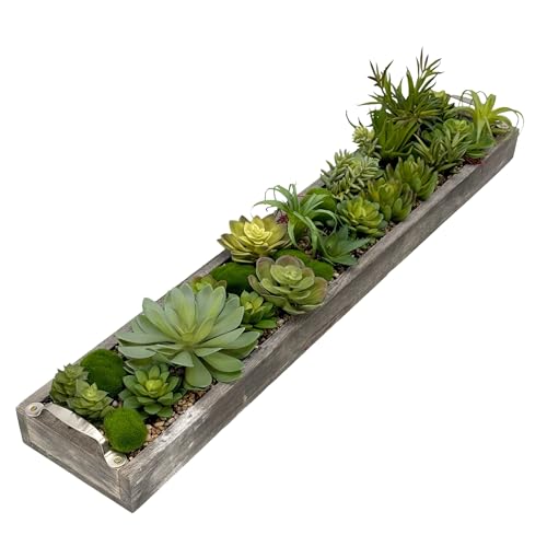 Galt International Faux Assorted Succulent in 31" Wood Tray w/Handles w/Brown Rocks | Grey Wood Tray, Artificial Green Moss, Dining Coffee Table Centerpiece (Updated 2026 Packaging) - color: Brown Rocks