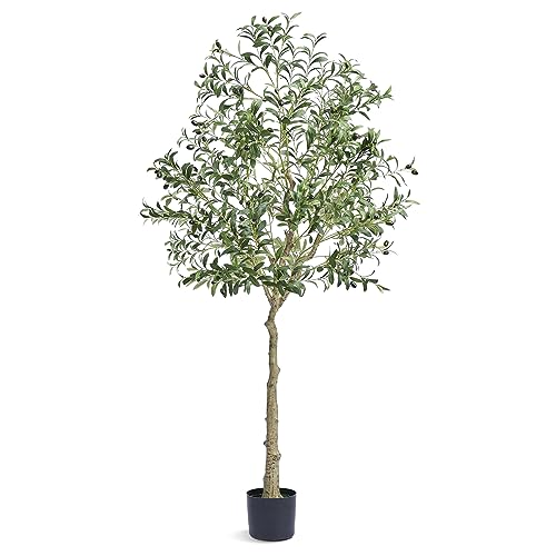 VEVOR Artificial Olive Tree, 6 FT Tall Faux Plant, Secure PE Material & Anti-Tip Tilt Protection Low-Maintenance Plant, Lifelike Green Fake Potted Tree for Home Office Warehouse Decor Indoor Outdoor - color: Olive Tree Type 1, size: 6ft