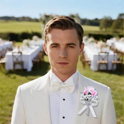 2Pcs Pink Rose Corsage and Men Boutonniere Set Women Wristlet Band Wrist Bracelets, for Prom Wedding Ceremony Flowers Decorations and Homecoming Party Accessories - color: Pink, size: 1 Boutonniere & 1 Wrist Corsage