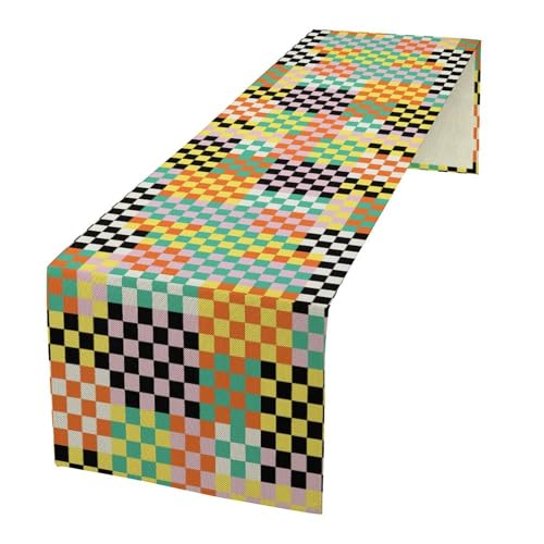 Retro Groovy Hippie Table Runner Vintage Funky Colorful Plaid Geometric Checkered Dinner Runner for Country Farmhouse Kitchen Birthday Party Holiday 36X13inch - color: Checkered-12, size: L36"x W13"