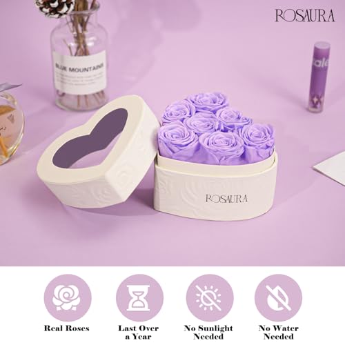 Rosaura Heart-Shaped Preserved Roses Gift Box - Real Forever Flowers for Christmas, Birthday, Valentine's & Mother's Day (Light Purple, 7 roses) - color: Light Purple, size: 7 roses