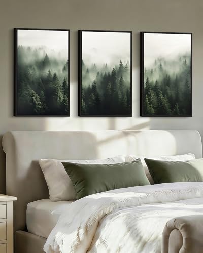 PHOPAGO Green Fog Pine Tree Framed Wall Art Large 16x24in Nature Misty Nordic Forests Artwork Morden Paints for Living Room Home Office Decor - Black Framed - color: Green Pine Forest, size: 24L" x 16W" x 3 Pcs Black