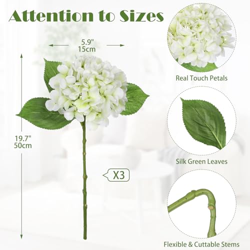 Oairse 3Pcs White Hydrangea Artificial Flowers 19.7 in Real Touch Faux Hydrangea Stems Silk Flowers with Stems White Fake Flowers Bouquet for Floral Arrangements Table Centerpieces Wedding Home Decor - color: White