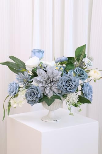 Artificial Flower Combination Box Set Artificial Flower Loose Leaves and Stems DIY Wedding Center Bouquet Bride Wedding Baby Shower(Grey White Blue) - color: Grey White Blue