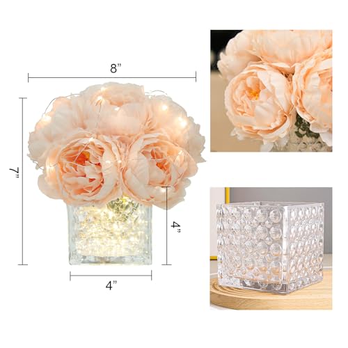 Artificial Peony Silk Flower Centerpieces with LED Light Faux Floral Arrangement in Glass Vase for Home Wedding Table Decoration (Blush Peach) - color: Light-blush Peach