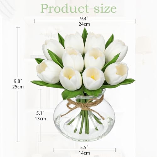 DILATATA Tulips Artificial Flowers in Vase White Fake Flowers Centerpiece with Glass Vase with Faux Water Faux Tulip Bouquet Floral Arrangement for Table Home Office Decor Wedding Thanksgiving - color: Round Vase**/White/1 Set