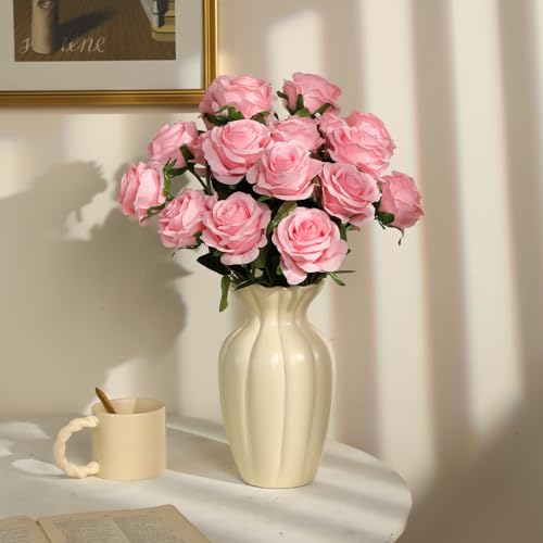 Nubry 24pcs Artificial Pink Roses, Fake Silk Roses Flower with Long Stems, Realistic Flowers for Bridal Wedding Party Table Centerpiece Home Decor - color: Pink
