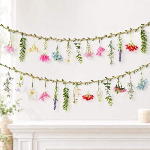 2 PCS 6.5ft Artificial Flower Banner Wildflower Garland Hanging Flowers for Garden Birthday Wedding Tea Party Bridal Shower Home Spring Supplies(Hemp Rope) - color: Hemp