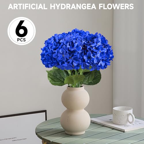 6 PCS Artificial Hydrangea Flowers, Faux Silk Hydrangea with Long Stems, Home Wedding Decor, Table Centerpieces, Party Decorations (Royal Blue) - color: Royal Blue