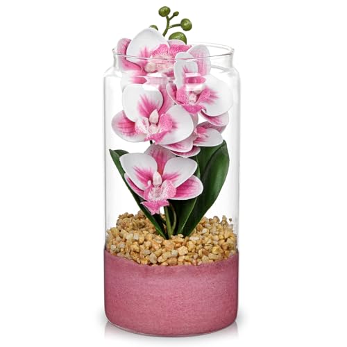 Pink Orchids Artificial Flowers with Vase, Small Faux Orchid Arrangement Fake Orchids Plant in Terrarium Jar Small Pink Orchid Centerpieces for Kitchen Dining Room Tables Bathroom Nightstand Decor - color: White + Pink Sand