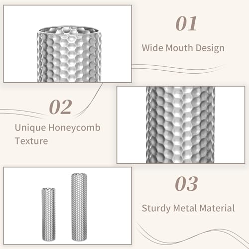 Sziqiqi Silver Tall Floor Vase: 27.6/21.7in Metal Cylinder Vases Extra Large Decorative Vase Set of 2 Living Room Modern Honeycomb Texture Big Standing Decor for Dining Bedroom Home Corner Indoor - color: Silver